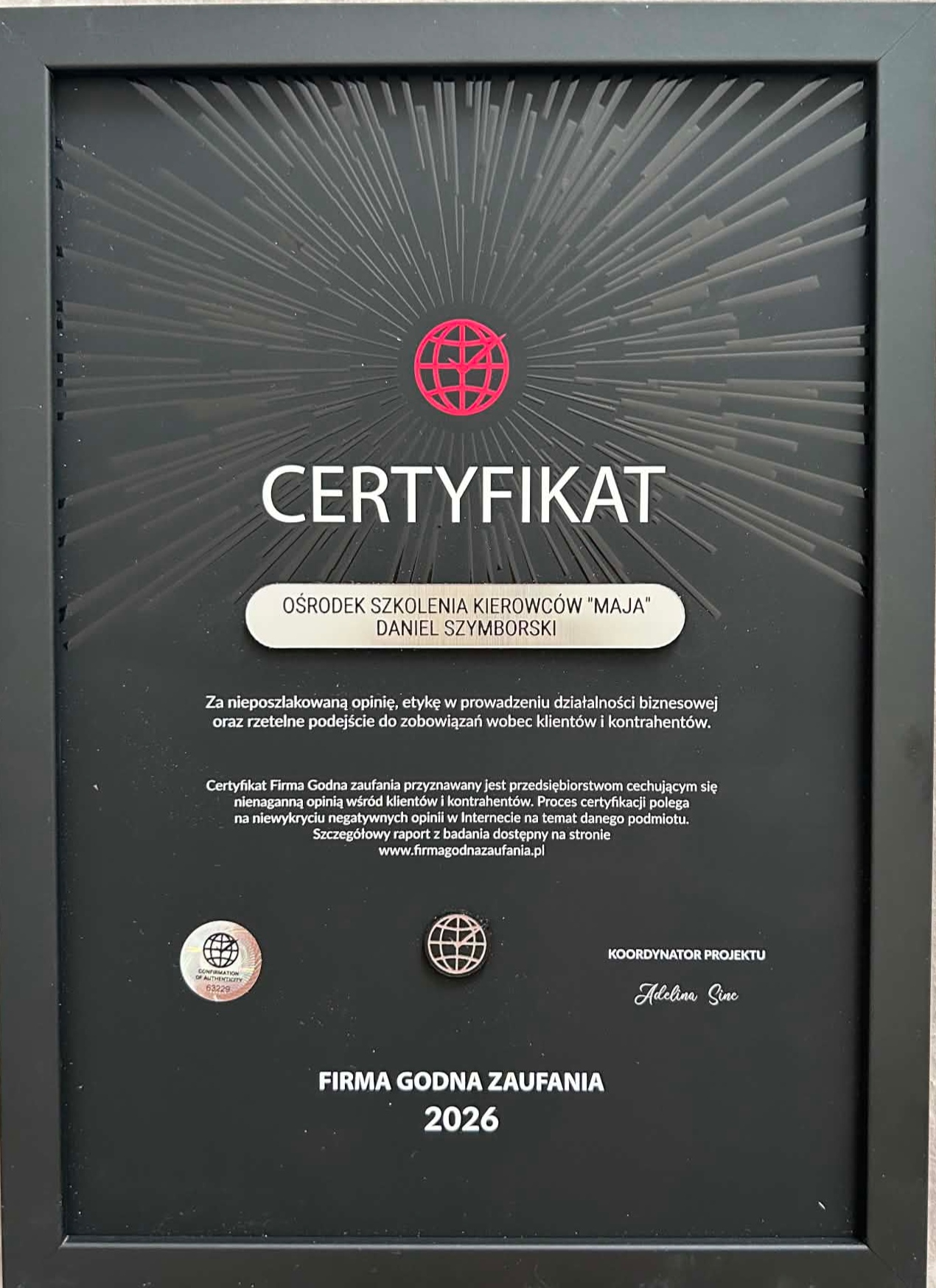 Certyfikat Firma Godna Zaufania 2026 przyznany OSK Maja Daniel Szymborski